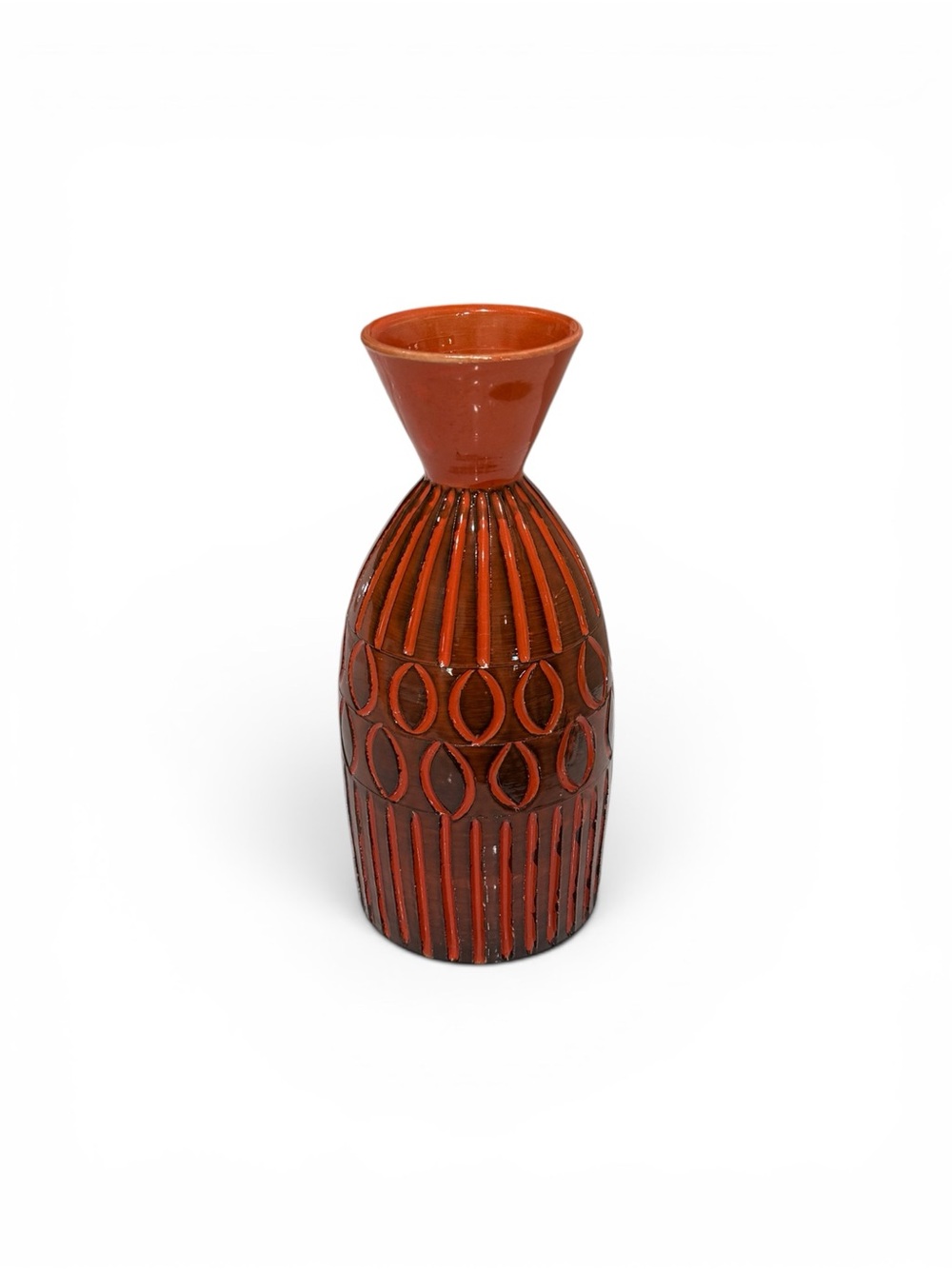 Mid‑Century Modern Italian Textured Ceramic Vase – Deep Orange & Black Glaze - Picture 5 of 13